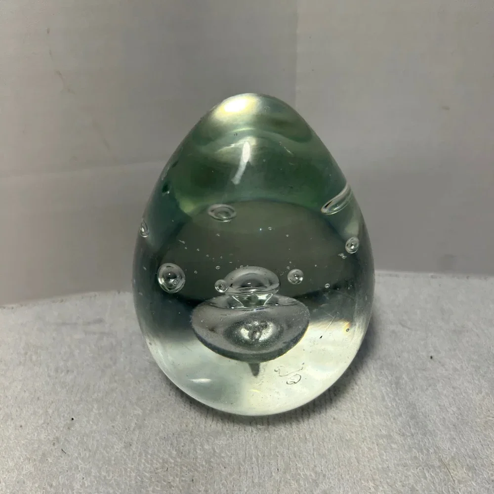 Vintage Hand Blown Glass Egg Paperweight Clear Controlled Bubble Art Glass